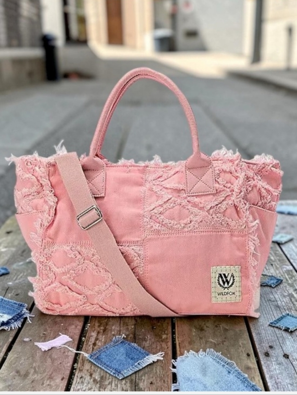 Wildfox Pink Frayed Patchwork Crossbody Tote